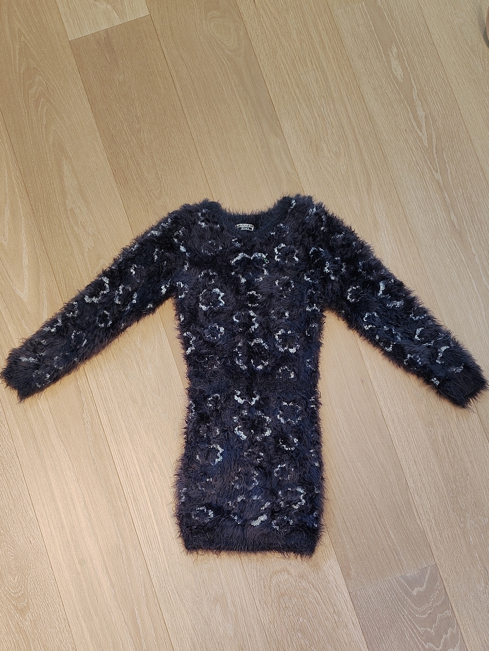 Fuzzy Black Floral-Pattern Kids Dress - Cozy Casual Style